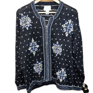 Vintage XL Christopher & Banks Hand Embroidered Snowflakes Heavy Cozy Full Zip